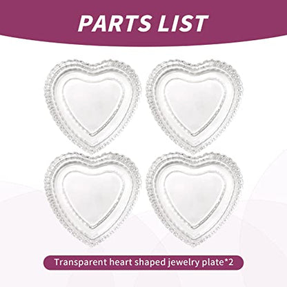 Crystal Glass Heart Shaped Storage Box, Embossed Jewelry Box Trinket Storage Tray Candy Box with Lid (2Pack Clear)