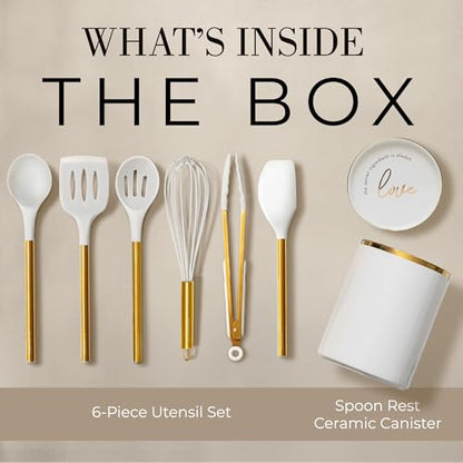 Styled Settings White and Gold Kitchen Utensils with Holder, 8-Piece | Heat Resistant, Nonstick, White Silicone Cooking Utensils Set, Ceramic Utensil Holder & Stackable Gold Spoon Rest - color: 8PC White & Gold
