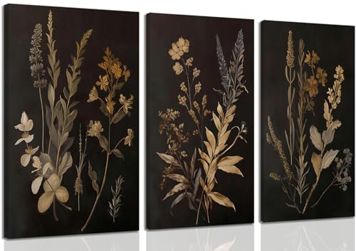 Black Botanical Wall Art Set of 3, Moody Floral Prints 12x16 Framed | Vintage Dark Academia Flower Canvas Prints Bring Botanical Elegance to Bedrooms, Living Rooms, Offices, and Gallery Walls - color: dark floral canvas, size: 16L" x 12W"