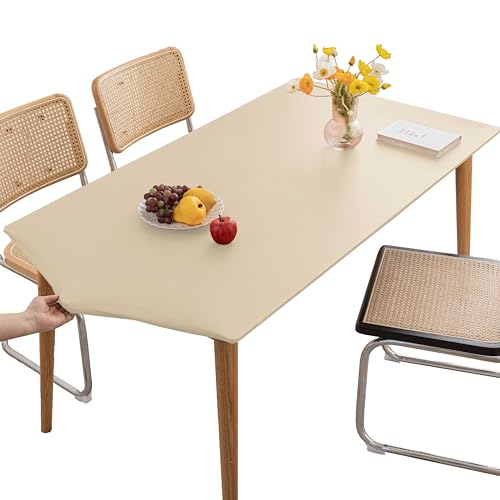 PU Stretch Fitted Rectangle Tablecloth with Elastic Edge 28 x 47 Inch Waterproof Oil Proof Table Cloth Wipeable Table Cover for Indoor Outdoor Furniture Protect (Beige,28"x47") - color: Beige, size: 47" x 28" (Rectangular)