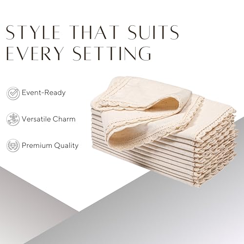 Ramanta Home Linen Cloth Napkins Set of 4, 20x20 Inches, Natural | Flax Lace Cotton Linen Reusable Decorative Scalloped Oversized Dinner Napkins with Mitered Corners for Weddings, Everyday Use