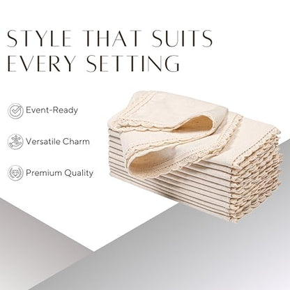 Ramanta Home Linen Cloth Napkins Set of 4, 20x20 Inches, Natural | Flax Lace Cotton Linen Reusable Decorative Scalloped Oversized Dinner Napkins with Mitered Corners for Weddings, Everyday Use