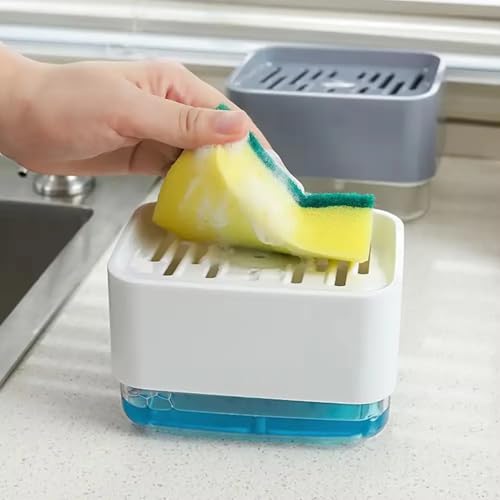 Countertop Kitchen Dish Soap Dispenser and Sponge Holder.Sink Dish Washing Soap Dispenser with one Gentle Push 13 Ounces (Sponge Included)