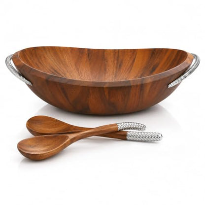 nambe Braid Salad Bowl with Servers | 3-Piece Set | Large Wooden Serving Bowl for Caesar Salad, Large Salads | Big Salad Bowl with Serving Utensils | Made of Chrome & Acacia Wood (20” L x 16” W)