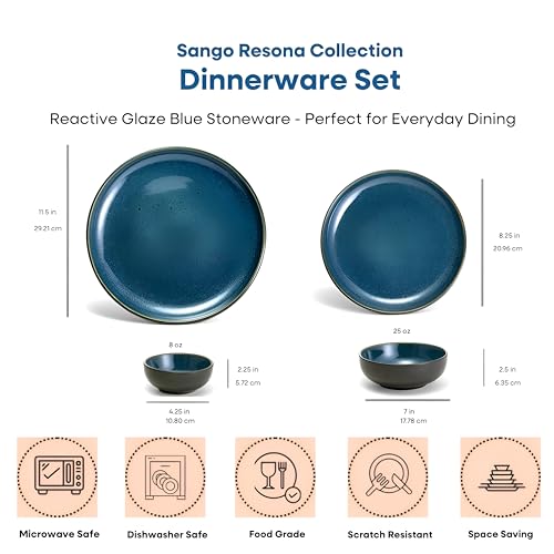 Sango 16-Piece Stoneware Dinnerware Set for 4, Glossy Black/Blue Big Dinner Plates and Bowls Sets with Reactive Glaze, Ceramic Dish Set, Modern Beautiful Dishes, Microwave & Dishwasher Safe, Resona - color: Blue, size: 16-Piece Set