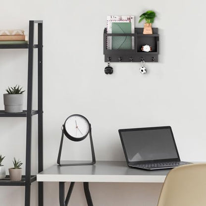 Nekon Key Holder Wall Mount with Mail Slot, 11.8" W x 7.5" H x 3.1" D Modern Farmhouse Key and Mail Organizer with 5 Hooks for Home Decor (Black)