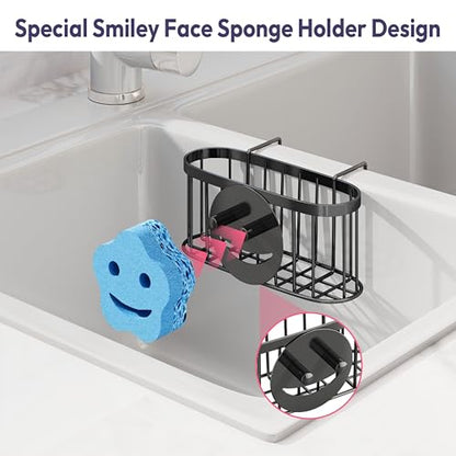 SWTYMIKI Sponge Holder for Kitchen Sink - Movable Sink Caddy with Smiley Face Sponge Holder, Rustproof Hanging Sponge Organizer in Double Bowl Sinks Depth>3.15in, Middle Divider<1.5in, Black - color: Black-smiley Sponge Holder