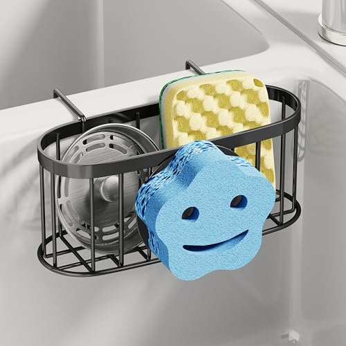 SWTYMIKI Sponge Holder for Kitchen Sink - Movable Sink Caddy with Smiley Face Sponge Holder, Rustproof Hanging Sponge Organizer in Double Bowl Sinks Depth>3.15in, Middle Divider<1.5in, Black - color: Black-smiley Sponge Holder