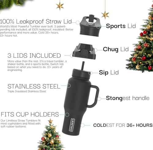Coldest Tumbler with Handle and Straw - 100% Leak Proof Insulated Tumbler with Lid and Straw (3 Lids) - Stainless Steel Tumblers for Women & Men - Cup Holder Friendly Base, 46 oz (Stealth Black) - color: Stealth Black, size: 46 oz