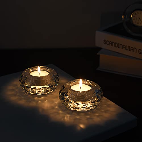 Kitcom Crystal Tealight Candle Holders Pack of 2, Hand-Cut Candle Holder Home Decor for Wedding Banquet Dinner 3.2" Diameter x 1.6" High, Clear - size: W3.2''×H1.6''