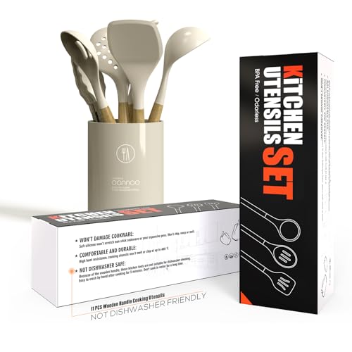 oannao Silicone Cooking Utensils Set - 446°F Heat Resistant Silicone Kitchen Utensils for Cooking,Kitchen Utensil Spatula Set w Wooden Handles, BPA FREE Gadgets for Non-Stick Cookware (Khaki) - color: Khaki