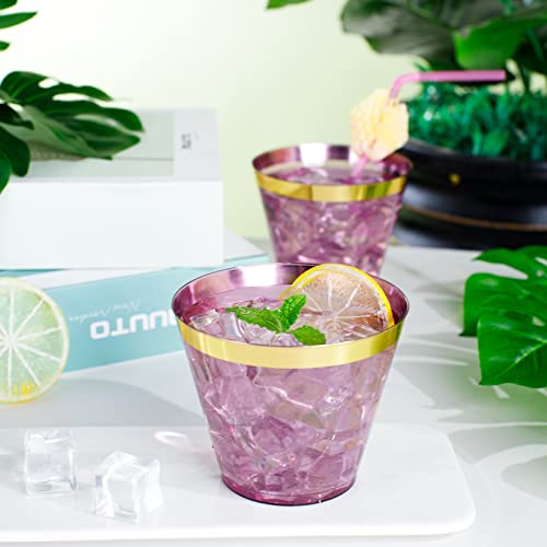 LUODA 150PCS Purple Plastic Cups,9oz Purple Disposable Cups with Gold Rim | Old Fashioned Tumblers Gold Rimmed Purple Plastic Cups,Unbreakable cups for Any occasion: Weddings, Parties, Business Events - color: Purple