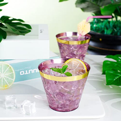 LUODA 150PCS Purple Plastic Cups,9oz Purple Disposable Cups with Gold Rim | Old Fashioned Tumblers Gold Rimmed Purple Plastic Cups,Unbreakable cups for Any occasion: Weddings, Parties, Business Events - color: Purple
