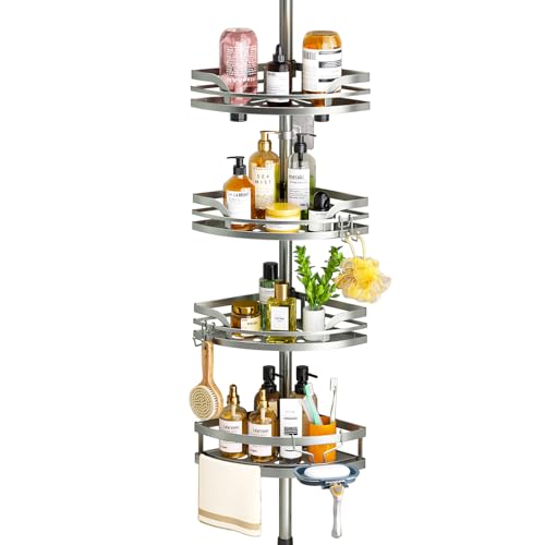 SHINEOFI Bathroom Shower Caddy Tension Pole Rustproof Iron Bath Corner Shelf with Adjustable Baskets for Shampoo And Soap Storage, Bathroom Organizer for Home Shower - Silver - color: Silver