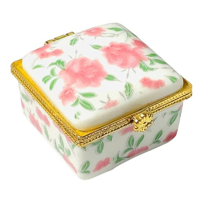 Tiny Square Porcelain Trinket Box | Pink Cabbage Roses | French Style Gift Box with Velvet Bag - style: Pink Cabbage Roses Square