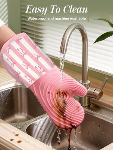 Slohif Long Silicone Oven Mitts Heat Resistant for Women - 2 Pcs Pink Bow 100% Cotton Oven Gloves, Non-Slip and Waterproof Silicone Oven Mitts with Hanger for Baking and Cooking - color: Pink