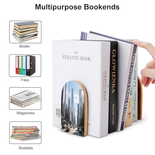 Personalized Wood Book Ends Metal Base Urban Skyscraper Street Printing Bookend Modern Heavy Duty Bookends for Home Or Office 1 Pair - color: Urban Skyscraper Street
