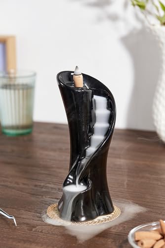 Unique Cloud Stairs Ceramic Waterfall Incense Holder, Paired with a Pack of Backflow Incense Cones. (Black) - color: Black