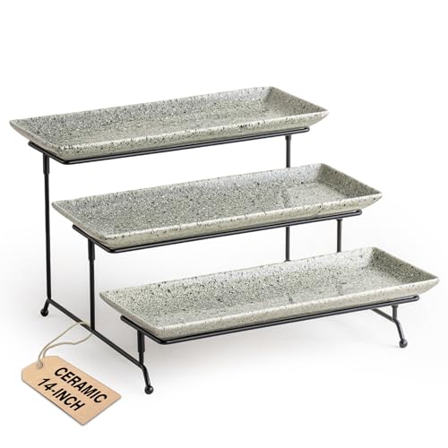 LAUCHUH 3 Tier Serving Trays for Party, Porcelain Dessert Party Display Set | 14 inch Serving Platters & Trays with Collapsible Sturdier Rack Tiered Tray Stand for Halloween Thanksgiving, Speckled Gray - color: Speckled Gray, size: 14 inch