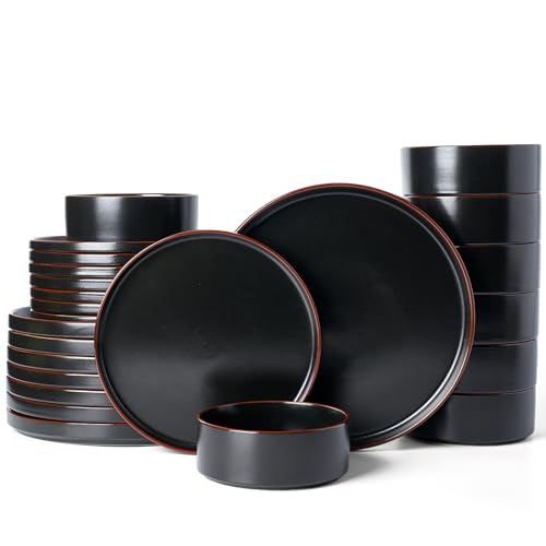 Famiware Nebula Ridge 24-Piece Stoneware Dinnerware Set, Matte Black | Plates and Bowls for 8, Warm Hand-Painted Rims, Microwave and Dishwasher Safe, Daily Essentials - color: Matte Black, size: Service for 8 (Standard Dinner Set)