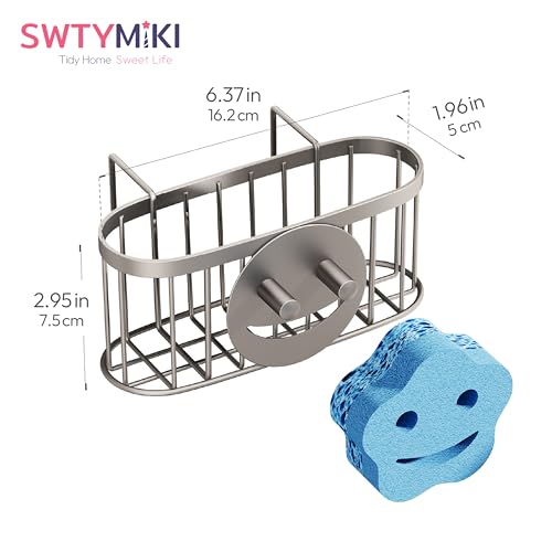 SWTYMIKI Sponge Holder for Kitchen Sink - Movable Sink Caddy with Smiley Face Sponge Holder, Rustproof Hanging Sponge Organizer in Double Bowl Sinks Depth>3.15in, Middle Divider<1.5in, Sand Nickel - color: Sand Nickel-smiley Sponge Holder