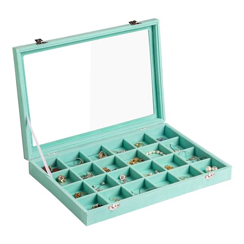 24 Grid Earring Organizer,Velvet Jewelry Tray with Clear Lid | Drawer Jewelry Organizer for Rings Studs Brooch,Adjustable Divider,Dustproof Design,Earring Storage,Trinket Box,13.8×9.5Inch - color: Turquoise, size: 24 Grid