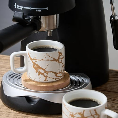 LUKA Porcelain Espresso Cup with Saucer and Metal Stand, 4 Ounce Stackable Ceramic Demitasse Espresso Mugs Cups Set for Latte,Coffee,Cafe Mocha,Tea(Set of 4),Marbling White - color: White Marbling