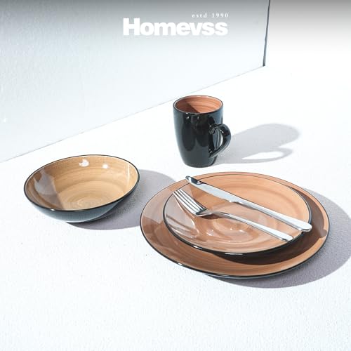 HomeVss, Sonoma 16pc Stoneware Dinnerware Set, Outside Black + Inside Hand Painting Color Mocha - color: Mocha