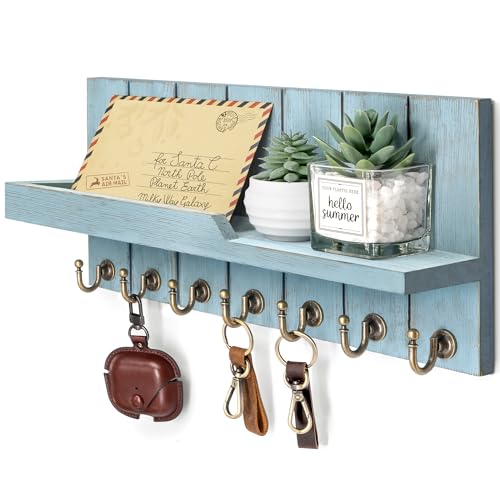 Rebee Vision Key Holder Wall Mount with Shelf for Entryway, Distressed Blue | Key Holder for Wall, Mail Organizer, Floating Shelf, Display Plant, Mail Sorter, Apartment Essential, Decorative Room Accent - color: Distressed Blue, size: 15 inches