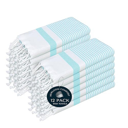 Aqua Blue Turkish Kitchen Towels 16x26 Inch, 12 Pack, 100% Cotton, Super Absorbent, Fast Dry, Machine Washable, Dish Towel with Tassels for Drying Dishes, Cleaning, Everyday Use - color: Aqua Blue, style: 12 Pack