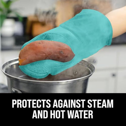 BPA-Free Soft Silicone Oven Mitts - Ultra Heat Resistant Oven Mitts with Thick Cotton Liner - Long Slip Resistant Pot Holders, Flexible Oven Gloves - Turquoise 13.7" - color: Turquoise, size: 2-Piece 13.7" Oven Mitts
