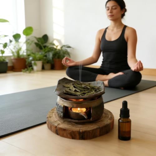 Ceramic Herb Burner Kit,Handmade Aromatherapy Stove for Essential Oils & Incense, Tealight Candle Holder Warmer for Home Office Meditation Relaxation (4)
