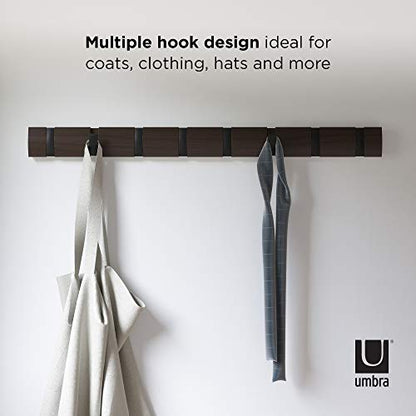 Umbra Flip Coat Rack, Wall Mount 8-Hook, Space Saving, Walnut/Black | Real wood and steel build, retractable hooks fold flat, holds coats bags and scarves, easy install - color: Walnut/Black, size: 8-Hook