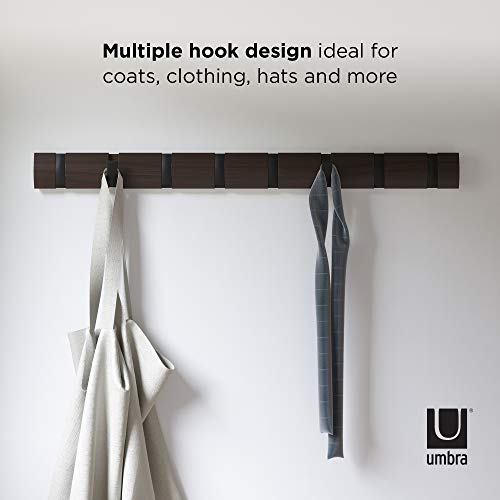 Umbra Flip Coat Rack, Wall Mount 8-Hook, Space Saving, Walnut/Black | Real wood and steel build, retractable hooks fold flat, holds coats bags and scarves, easy install - color: Walnut/Black, size: 8-Hook