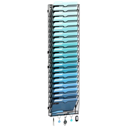21-Tier Wall File Organizer and Mail Organizer with 5 Hooks, Black | Label slots, curved openings, 5 key hooks, and a bottom tray support organized mail, file, and everyday item storage. - color: Black, size: 21 Tier