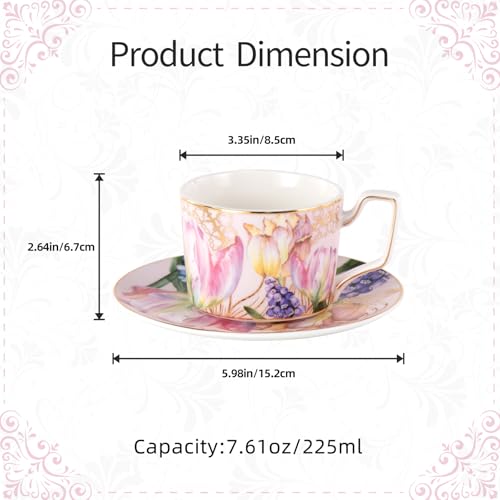 KAMMAK Tea Cups and Saucers Set of 2, Porcelain Coffee Cups, NX022 | Gold Rim, Stackable Espresso Mugs, Ceramic Demitasse for Coffee, Latte, Americano, Afternoon Tea, Elegant Gift for Women - size: 8CZNX022