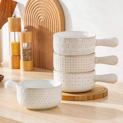 MALACASA French Onion Soup Bowls with Handles, Oven Safe Bowls Set of 4 | 20 oz 5 Inch Soup Crocks for Chilli, Beef Stew, Cereal, Pasta, Elegant Embossed, Crack Resistant Durability, Series LYDIA