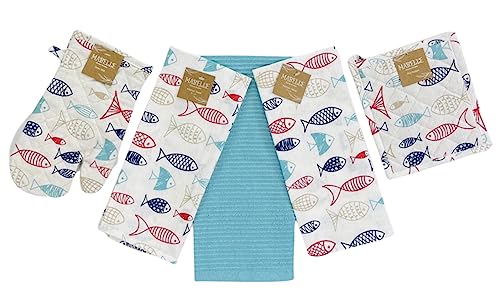 Summer Nautical Kitchen Pot Holder Oven Mitt Dish Towel Set: Coastal Ocean Sealife Navy White Red Fish Design, 5 pc Set (Fish) - color: Fish Set