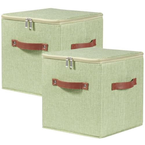 2PCS Storage Cubes with Lids Cotton Linen Fabric Bins Boxes | Decorative Foldable Washable Closet Shelf Organizer Clothes Container with PU Leather Handles, Zipper Lid, Green, 11in - color: Green ( Zipper Lid ), size: Set of 2 ( 11 in )