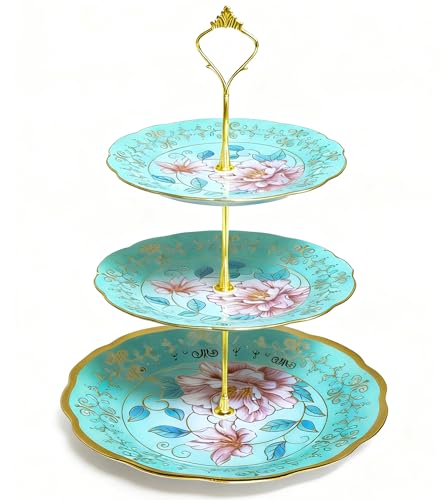 3-Tier 13.5 Inches Green Cupcake Dessert Stands, Cake Snack Scones Crackers Fruit Appetizers Pastry Tiered Platters Serving Tray for Tea Party, Bridal Shower, Wedding Catered Event - Flowers