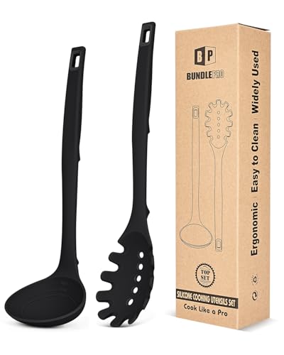 Silicone Pasta Fork and Soup Ladle Set, Heat Resistant Non Stick Kitchen Utensils with Back Hooks, Suitable for Cooking, Stirring, Serving Spaghetti, Soup, Sauce (BLACK) - color: Black