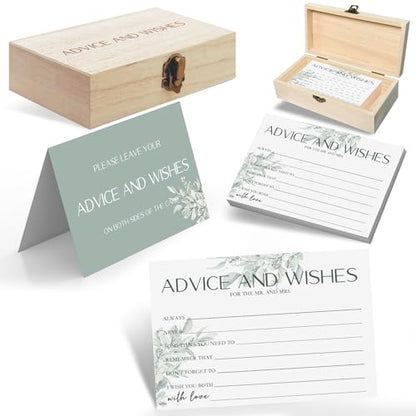 Advice & Wishes Cards Set - 60 Blank Cards with Keepsake Wooden Box, Sage Green Daesign - Perfect for Weddings, Anniversaries - color: LUCKY EUCALYPTUS