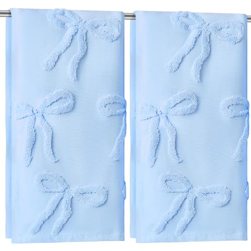 2 Pcs Blue Hand Towels for Bathroom Coquette Bow Decor, 100% Cotton | Jacquard Weave with Bow Decor, Coastal Beach Style for Teen Girls Bathroom, Soft Absorbent Towels Set, 13.7x29.5 Inch - color: Blue, style: Bowknot