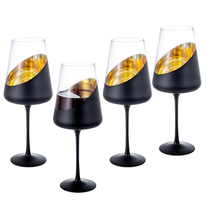 MyGift Black and Gold Wine Glasses, Set of 4 Tulip Champagne Glasses, 19 oz Stemmed Drinkware for Cocktails, Wine, Entertaining, Wedding, Gifts
