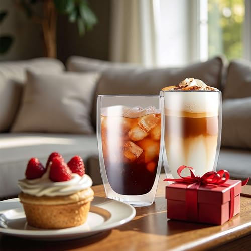 MESNEY 17oz Double Walled Glass Coffee Mugs, Glass Coffee Mugs Set of 2, Insulated Clear Cappuccino Latte Mugs for Home, Cafe & Restaurant, Durable Stackable Drinking Glasses - size: 17 Ounces 2 pieces