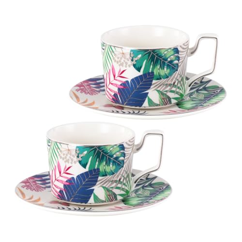KAMMAK Tea Cups and Saucers Set of 2, Porcelain Coffee Cups, NX024 | Gold Rim, Stackable Espresso Mugs, Ceramic Demitasse for Coffee, Latte, Americano, Afternoon Tea, Elegant Gift for Women - size: 8CZNX024