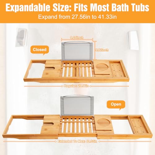 Premium Bamboo Bathtub Tray Caddy, Bath Tub Trays Table for Bathtub, Expandable Bath Caddy Tray, Bathtub & Bathroom Accessories for New Home, Anniversary and Wedding Gifts for Couple