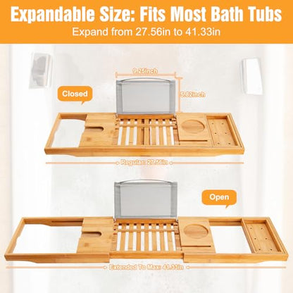 Premium Bamboo Bathtub Tray Caddy, Bath Tub Trays Table for Bathtub, Expandable Bath Caddy Tray, Bathtub & Bathroom Accessories for New Home, Anniversary and Wedding Gifts for Couple