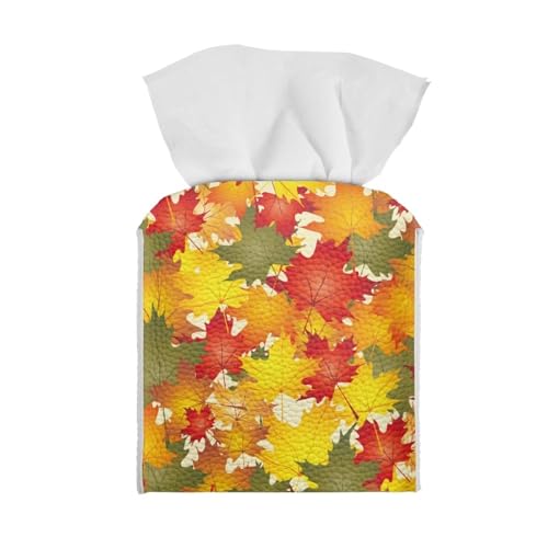 Colorful Maple Leaves Tissue Box Cover, Durable Waterproof Square PU Leather Tissue Box Holder, Toilet Paper Holder for Car Bathroom Livingroom Desk, Fall Thanksgiving Decor - color: Colorful Maple Leaves