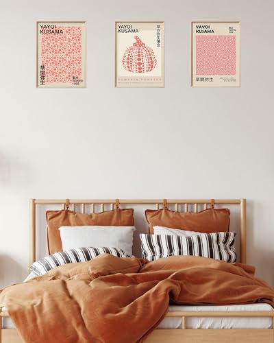 UPWOIGH Yayoi Kusama Inspired Framed Prints, 12 x 16 Inch, Set of 3 | Pumpkin, Infinity Net and Dot Pattern Prints, Soft Pink Tones, Light Wood Frames for Bedroom, Office and Gallery Wall - color: Yayoi Kusama Red MDF